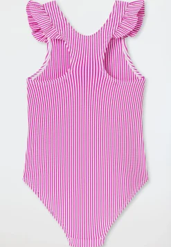 Badeanzug Seersucker Streifen Rüschen fuchsia - Aqua