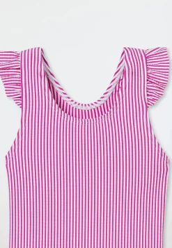 Badeanzug Seersucker Streifen Rüschen fuchsia - Aqua