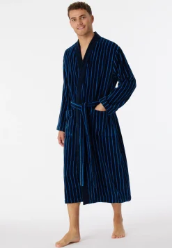 Bademantel Softvelours dunkelblau gestreift - Essentials