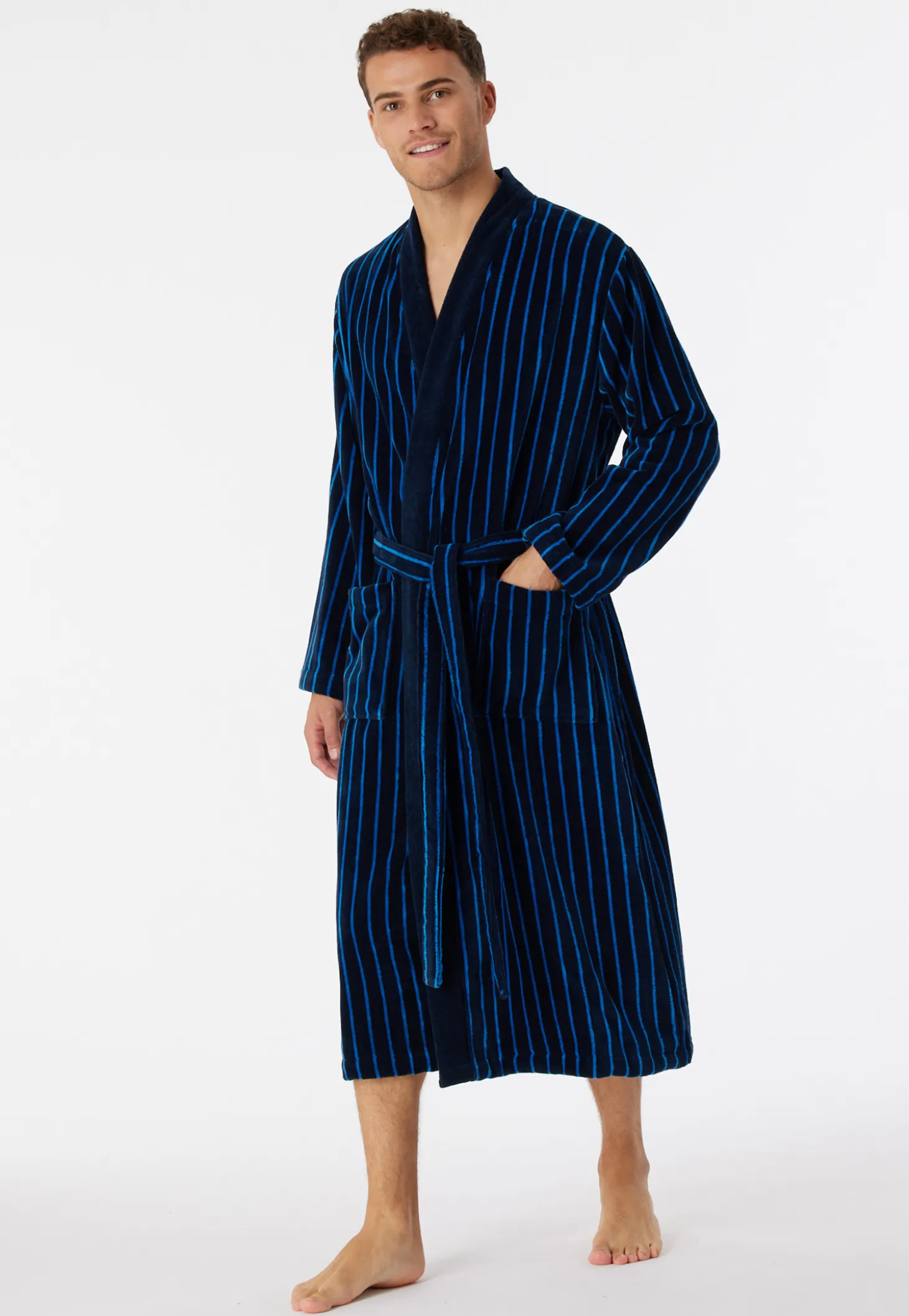 Bademantel Softvelours dunkelblau gestreift - Essentials