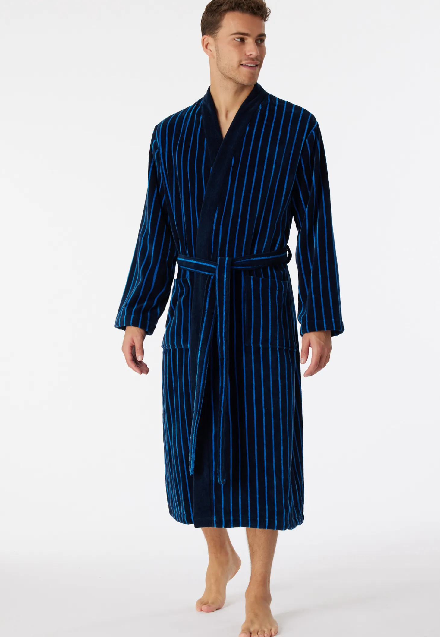 Bademantel Softvelours dunkelblau gestreift - Essentials