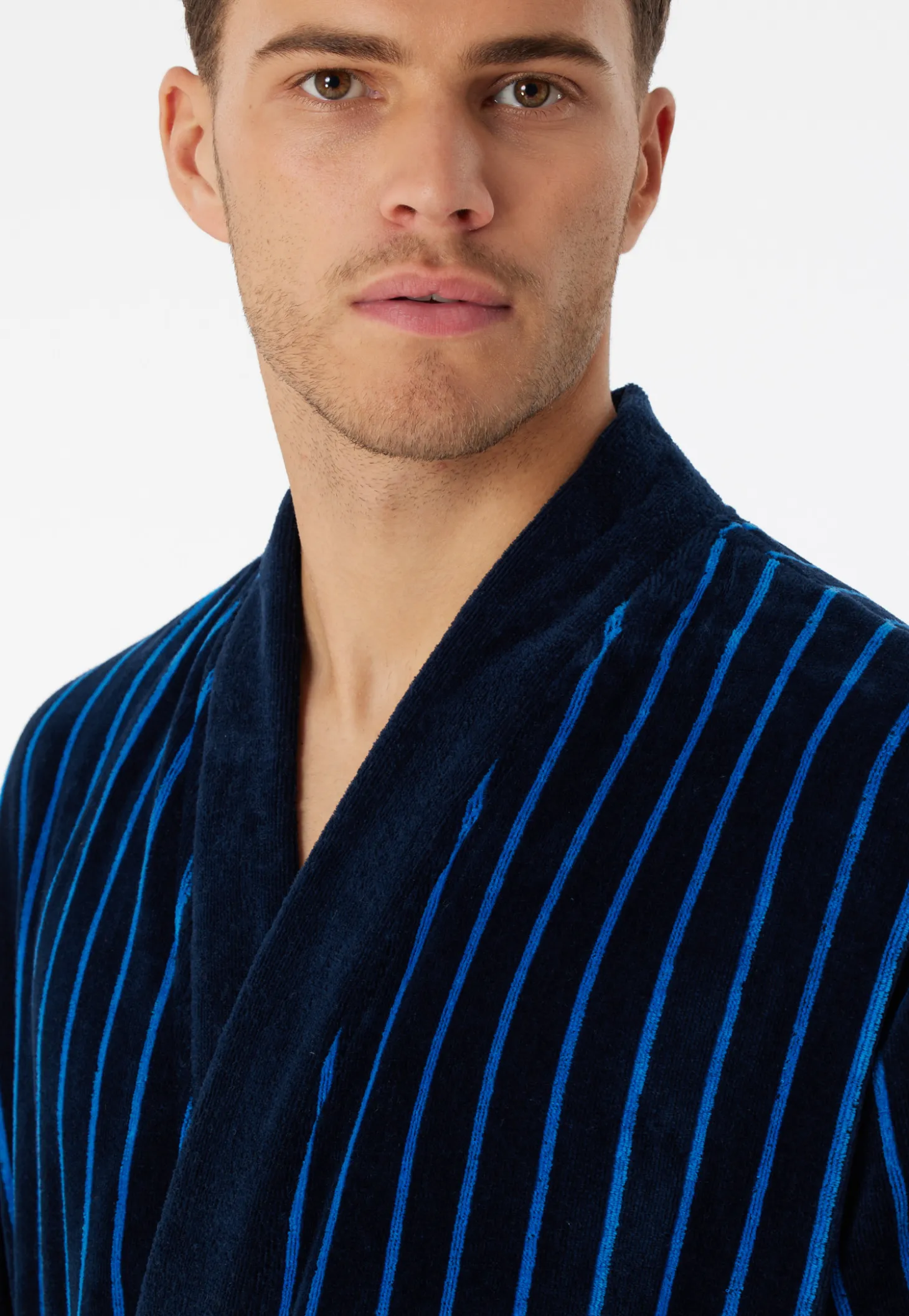 Bademantel Softvelours dunkelblau gestreift - Essentials