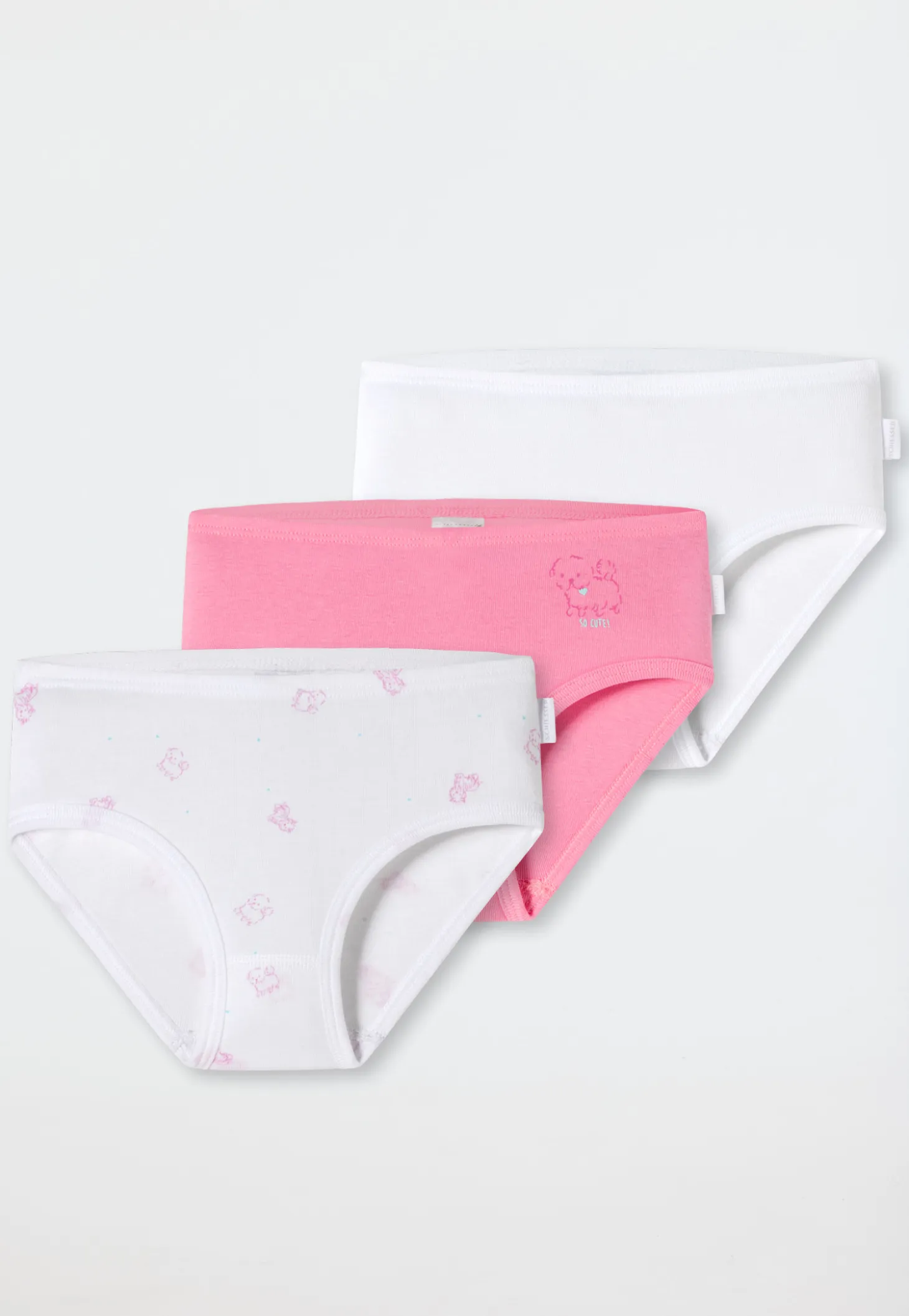 Hüftslips 3er-Pack Feinripp weiß/pink mit Hündchen