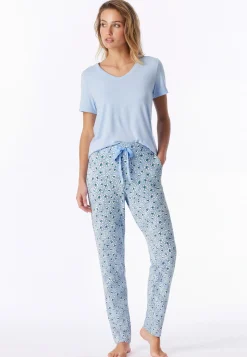 Hose lang Bündchen Blumen Leoparden hellblau - Mix+Relax