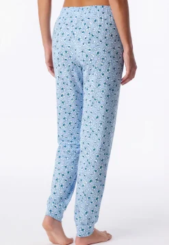 Hose lang Bündchen Blumen Leoparden hellblau - Mix+Relax