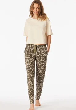 Hose lang Bündchen Blumen Leoparden oliv - Mix+Relax