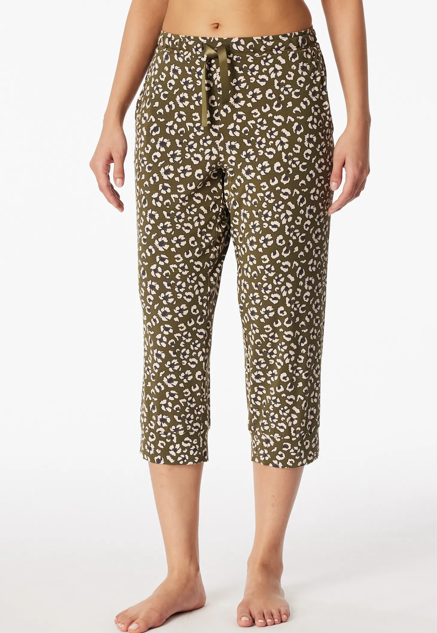 Loungehose 3/4-lang Blumen Leoparden oliv - Mix+Relax