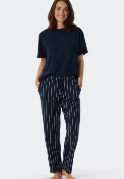 Loungehose lang Streifen dunkelblau gemustert - Mix+Relax