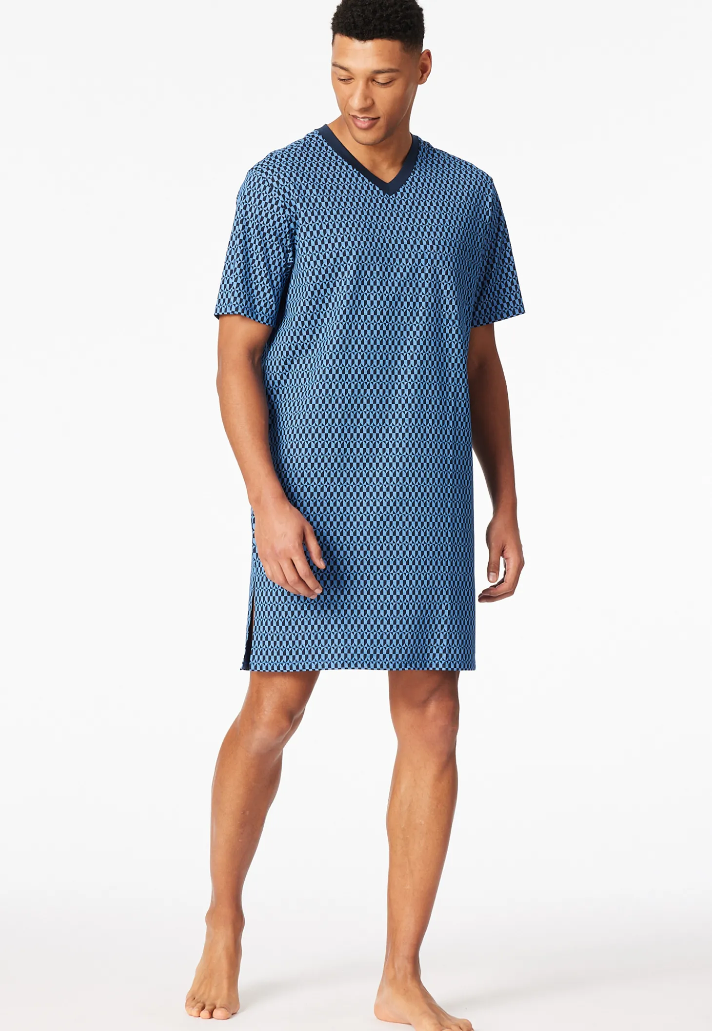 Nachthemd kurzarm V-Ausschnitt Brusttasche blau kariert - Comfort Nightwear