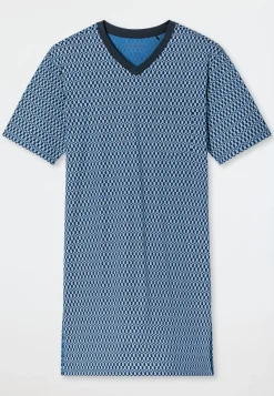 Nachthemd kurzarm V-Ausschnitt Brusttasche blau kariert - Comfort Nightwear