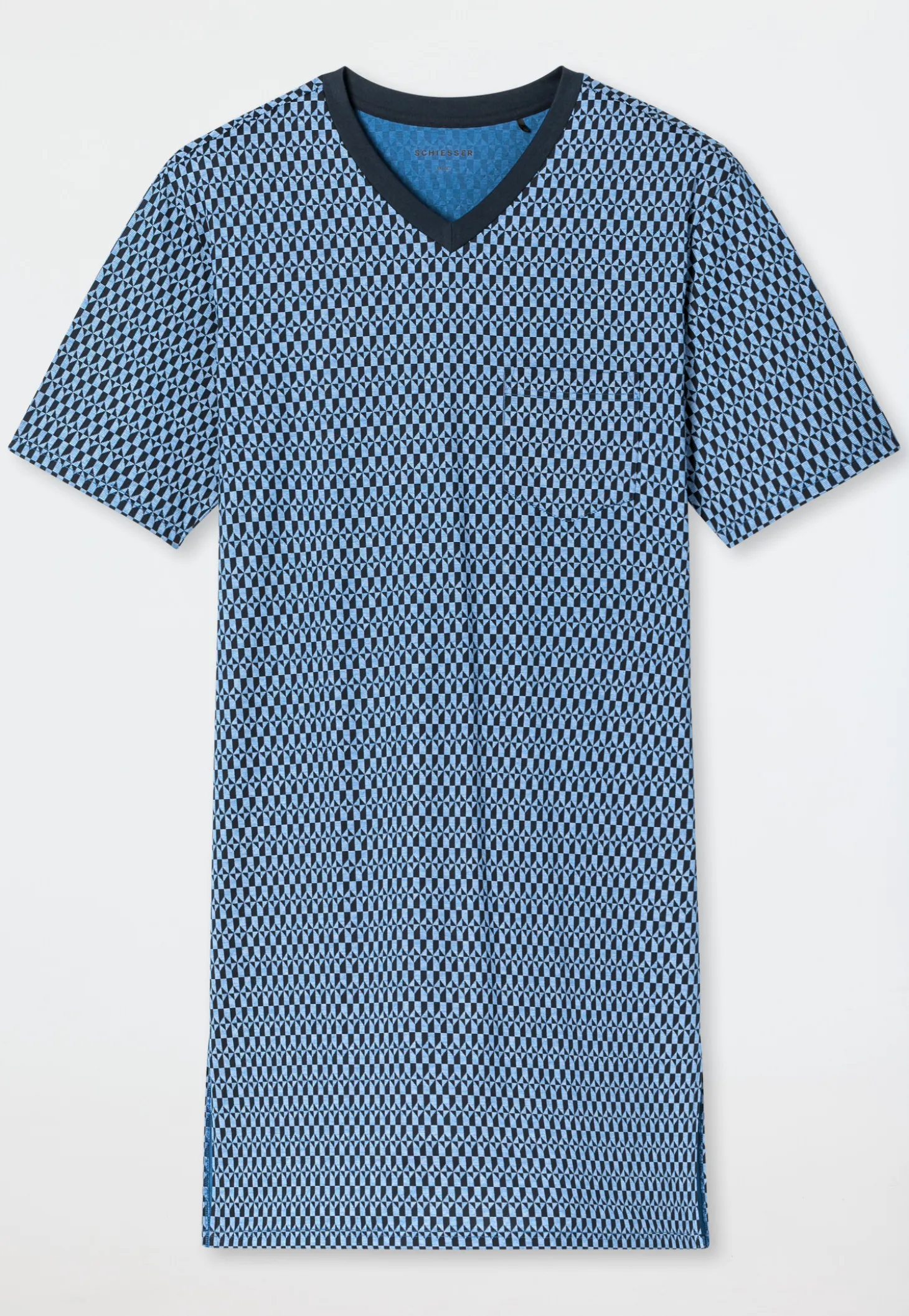 Nachthemd kurzarm V-Ausschnitt Brusttasche blau kariert - Comfort Nightwear