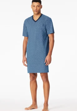 Nachthemd kurzarm V-Ausschnitt Brusttasche blau kariert - Comfort Nightwear
