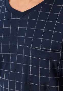 Nachthemd langarm Interlock dunkelblau kariert - Fine Interlock