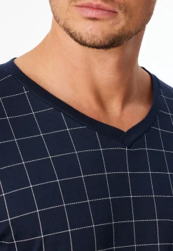 Nachthemd langarm Interlock dunkelblau kariert - Fine Interlock