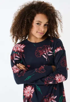 Nachthemd langarm Interlock Blumen nachtblau - Teens Nightwear