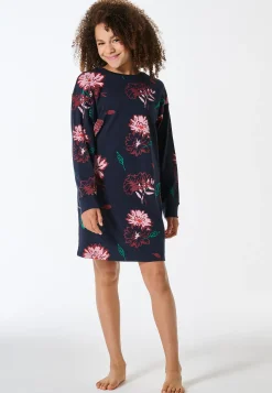 Nachthemd langarm Interlock Blumen nachtblau - Teens Nightwear