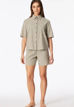 Pyjama kurz Webware Streifen oliv - Selected Premium