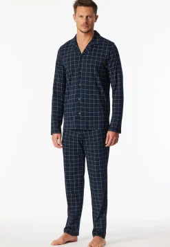 Pyjama lang Interlock nachtblau kariert - Fine Interlock