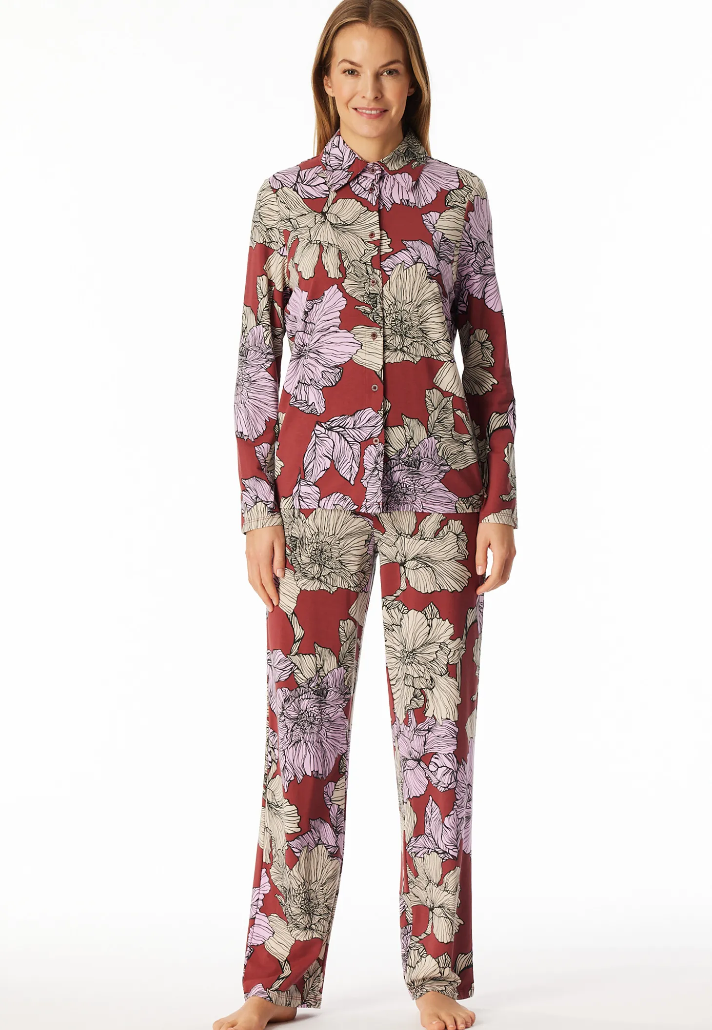 Pyjama lang Jersey Aloe Vera Blumen dunkelrot - Selected Premium