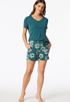 Schlafanzug kurz Interlock Blumen grün - Modern Nightwear