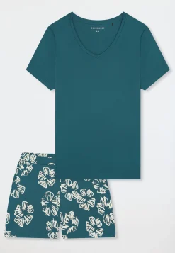 Schlafanzug kurz Interlock Blumen grün - Modern Nightwear
