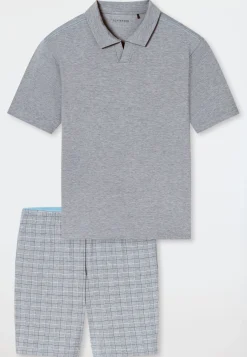 Schlafanzug kurz Jacquard Polokragen admiral kariert - Selected Premium