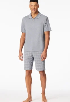 Schlafanzug kurz Jacquard Polokragen admiral kariert - Selected Premium