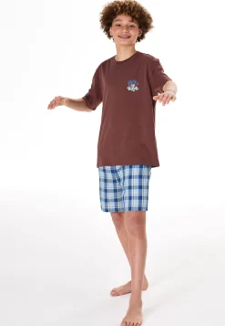 Schlafanzug kurz Karos braun - Teens Nightwear