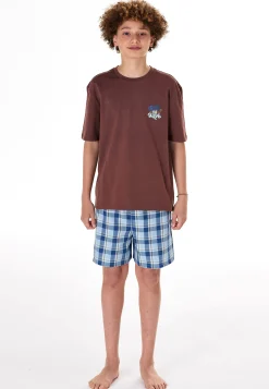 Schlafanzug kurz Karos braun - Teens Nightwear