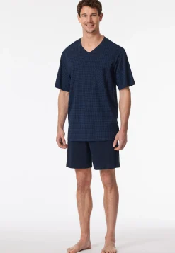 Schlafanzug kurz Karos nachtblau - Comfort Essentials