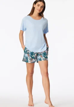 Schlafanzug kurz Palmen hellblau - Modern Nightwear