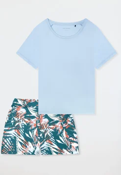 Schlafanzug kurz Palmen hellblau - Modern Nightwear