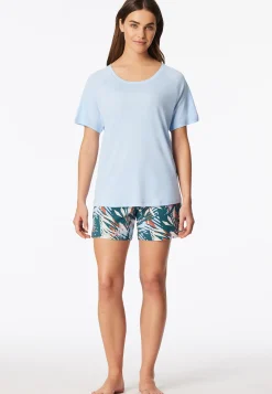 Schlafanzug kurz Palmen hellblau - Modern Nightwear