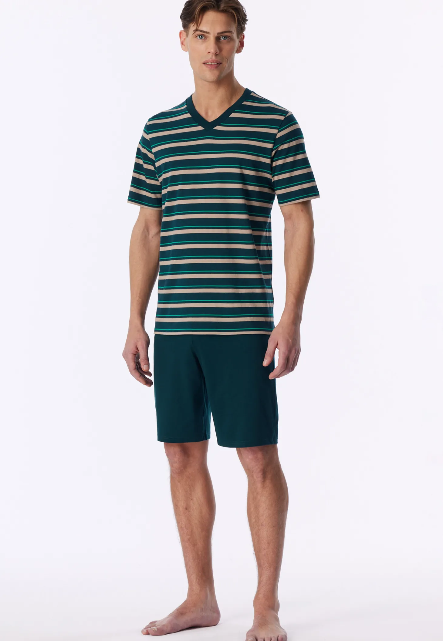 Schlafanzug kurz Ringel tiefseegrün - Casual Nightwear