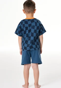 Schlafanzug kurz Smiley Karos atlantikblau - Kids Nightwear