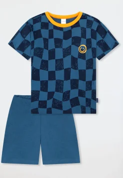 Schlafanzug kurz Smiley Karos atlantikblau - Kids Nightwear