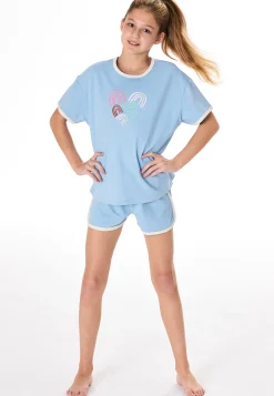 Schlafanzug kurz Sweatware Herz happy pacific blue - Teens Nightwear