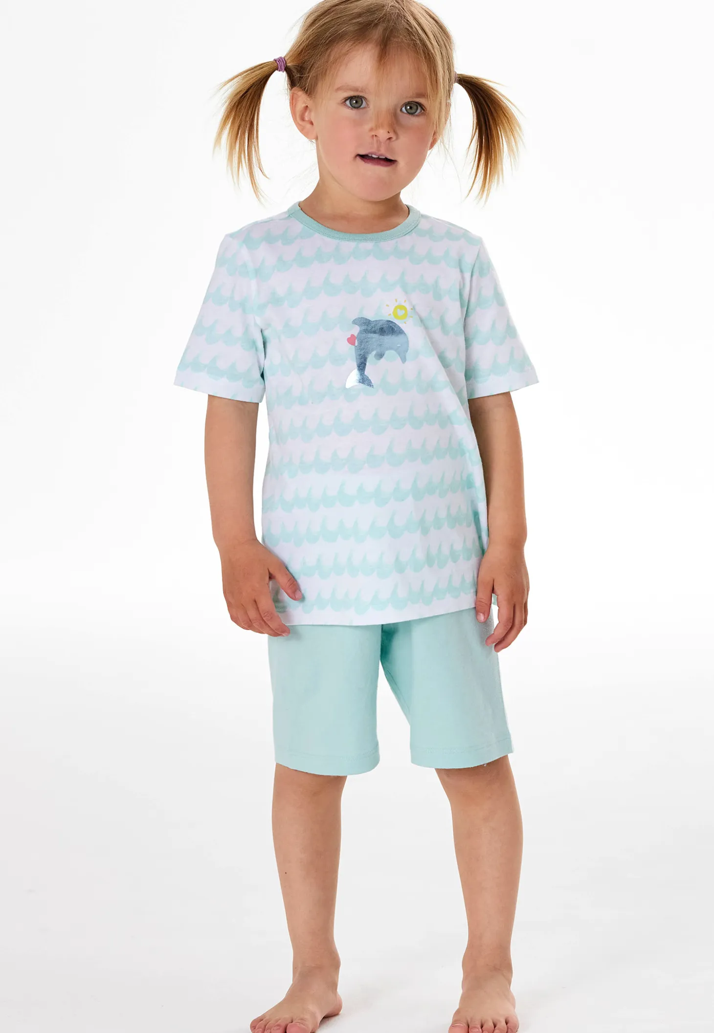 Schlafanzug kurz Wellen Delfin türkis - Kids Nightwear