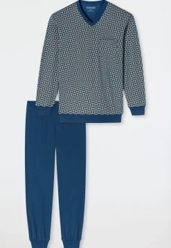Schlafanzug lang Bündchen atlantikblau gemustert - Comfort Nightwear