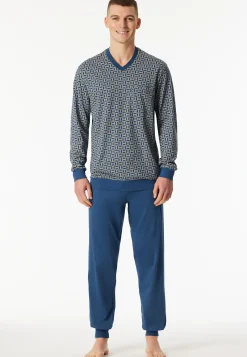 Schlafanzug lang Bündchen atlantikblau gemustert - Comfort Nightwear