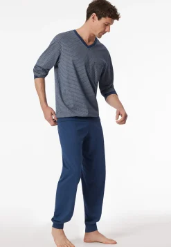 Schlafanzug lang Bündchen blau gemustert - Comfort Essentials