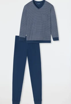 Schlafanzug lang Bündchen blau gemustert - Comfort Essentials