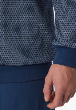 Schlafanzug lang Bündchen blau gemustert - Comfort Essentials