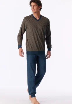 Schlafanzug lang Bündchen deep blue gemustert - Comfort Nightwear