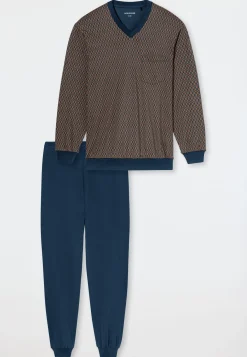 Schlafanzug lang Bündchen deep blue gemustert - Comfort Nightwear