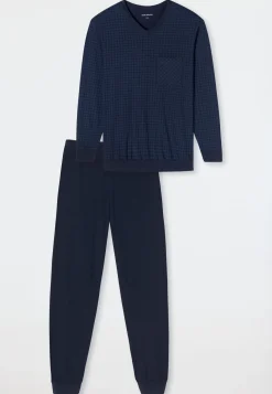 Schlafanzug lang Bündchen Karos nachtblau - Comfort Essentials