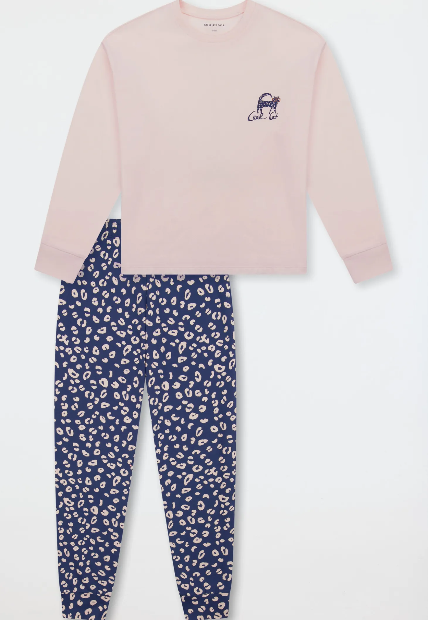 Schlafanzug lang Bündchen Katze Animal Print champagner - Teens Nightwear