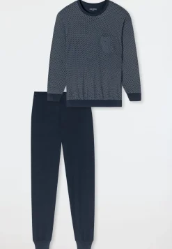 Schlafanzug lang Bündchen nachtblau - Comfort Essentials