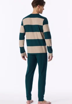 Schlafanzug lang Bündchen Ringel tiefseegrün - Casual Nightwear