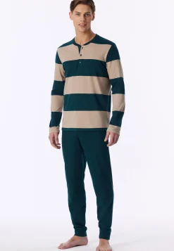 Schlafanzug lang Bündchen Ringel tiefseegrün - Casual Nightwear